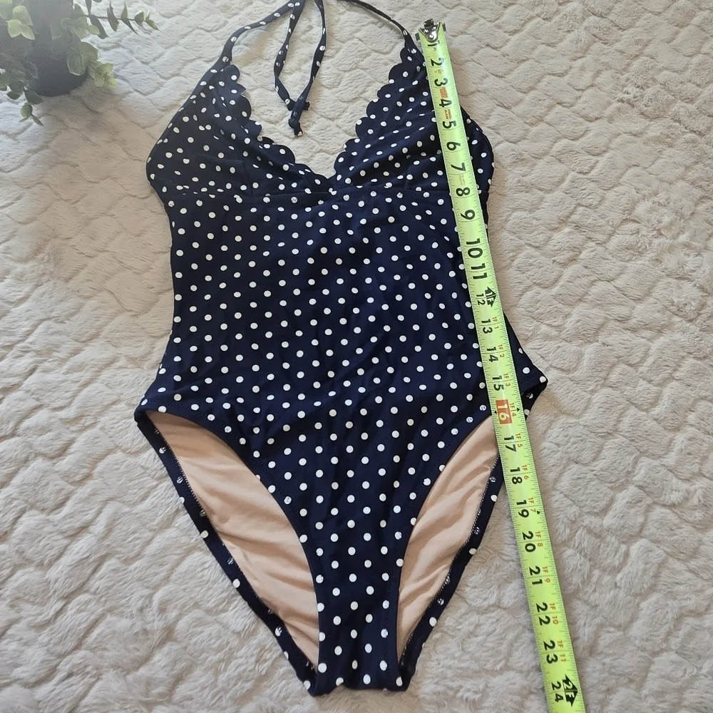 J. Crew Navy Blue Polka-Dot Scalloped Plunge V-Neck One Piece Swimsuit, XS
